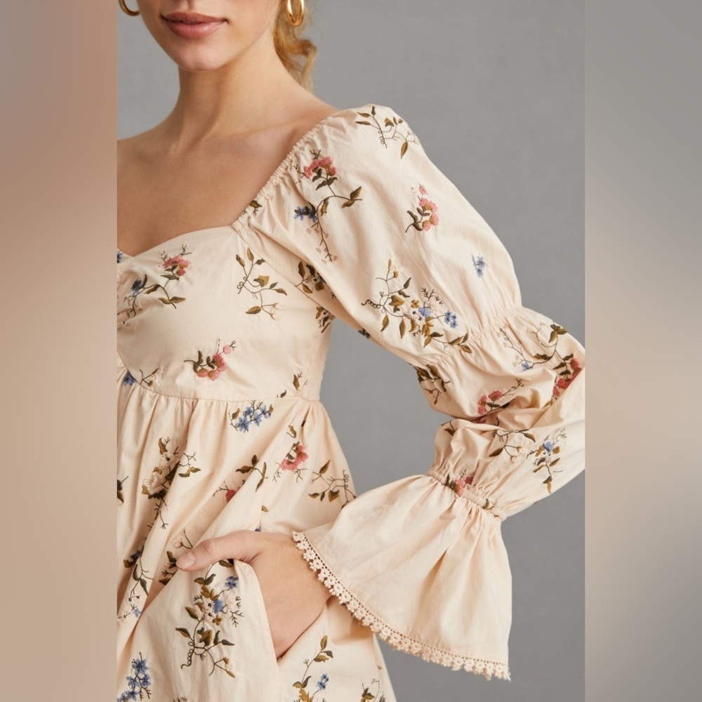 Anthropologie Embroidered Mini Dress NWT — Sand S | Cottagecore Boho - Picture 2 of 16
